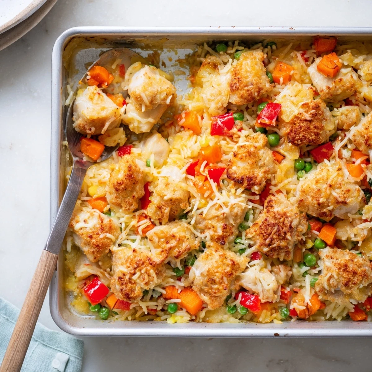 Golden baked Macau style Portuguese chicken rice topped with bubbling melted mozzarella and Parmesan cheese