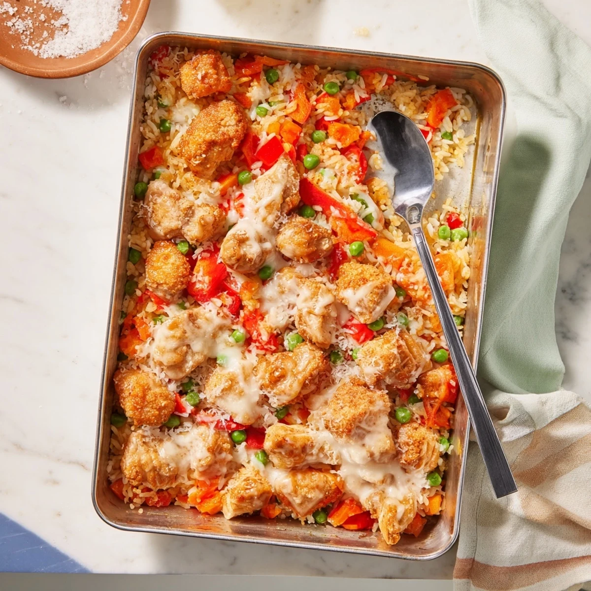 Vibrant Macau style Portuguese chicken rice casserole with red bell peppers, carrots, peas in spiced coconut sauce under golden cheese crust