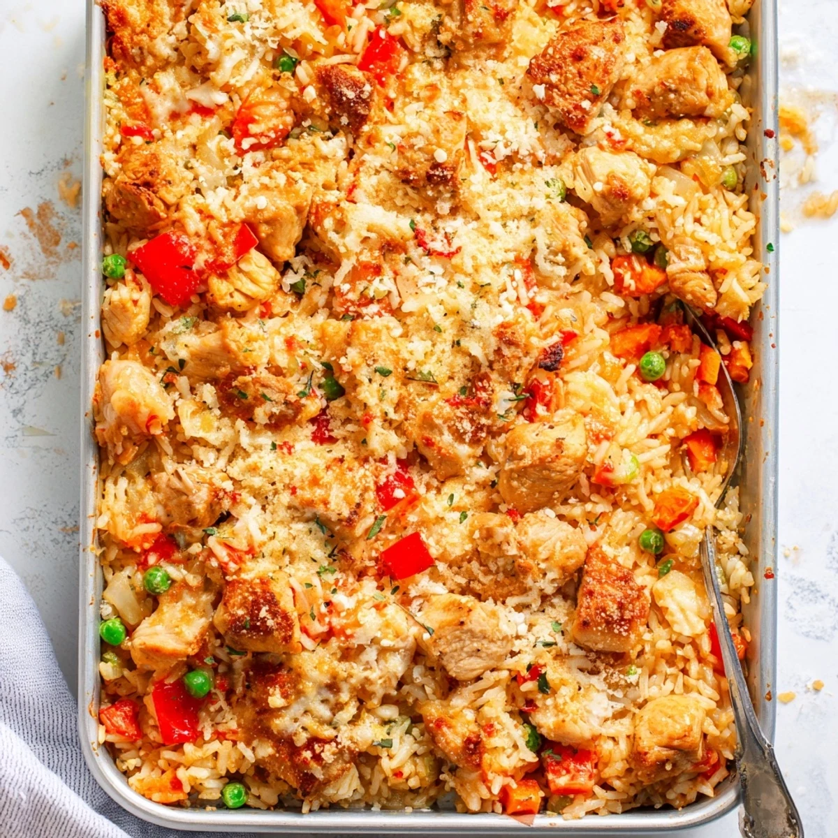 Creamy coconut curry sauce coats tender chicken and colorful vegetables over fluffy jasmine rice in this baked Macau Portuguese chicken rice