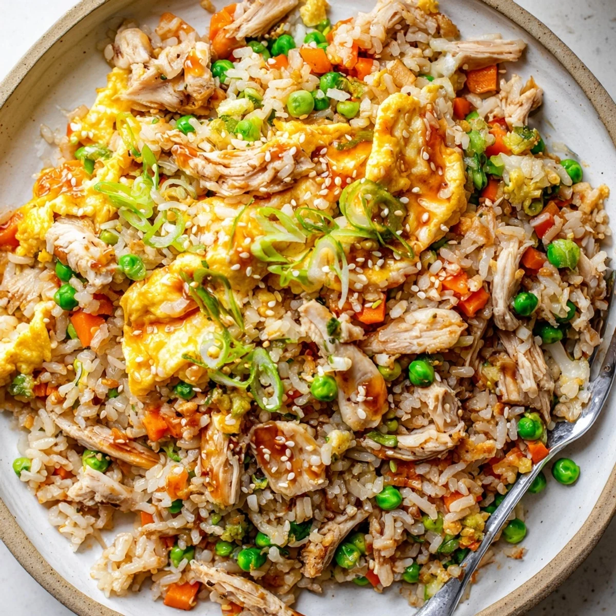 Sizzling chicken fried rice garnished with sliced egg omelette and fresh green scallions