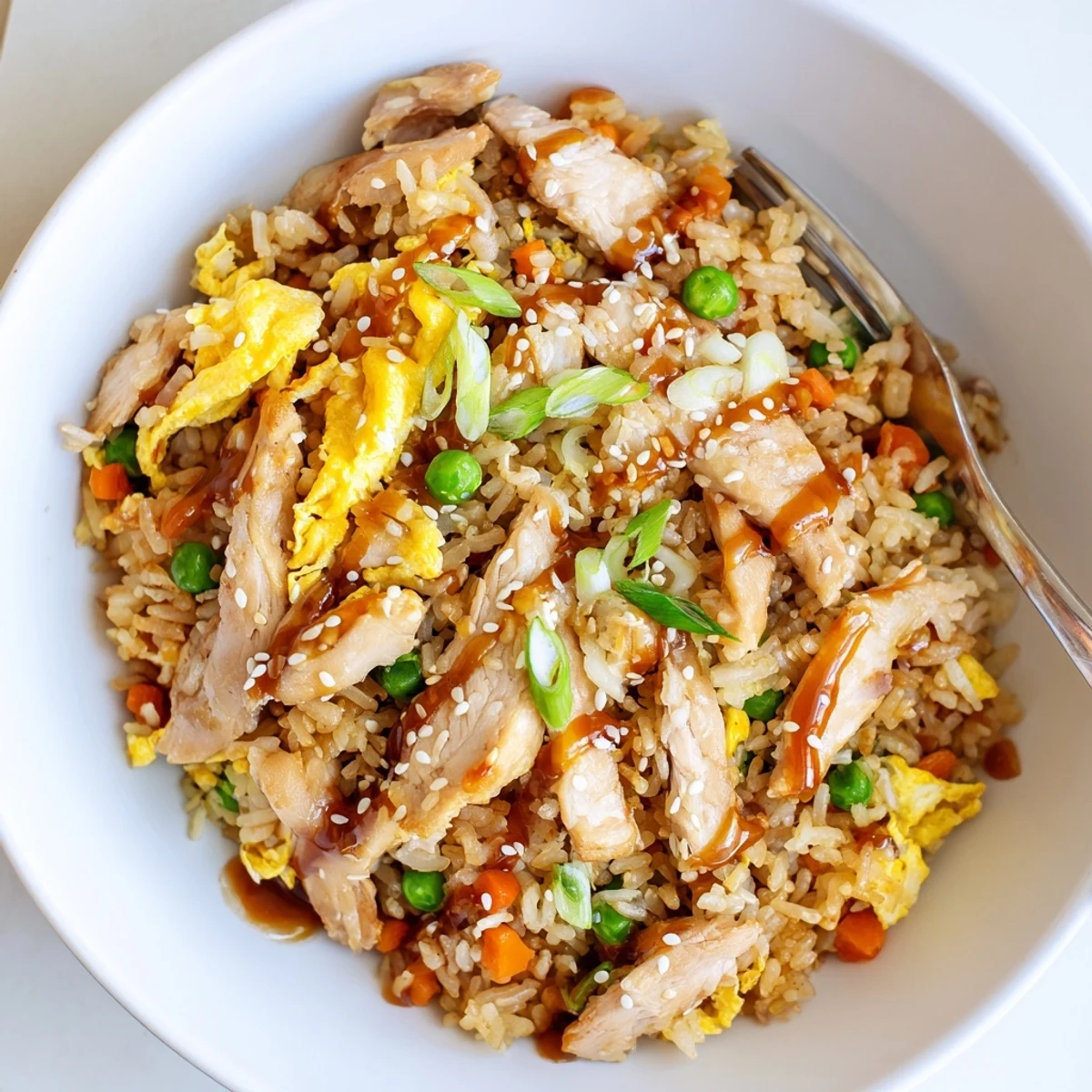 Golden egg omelette ribbons draped over savory chicken fried rice with colorful vegetables