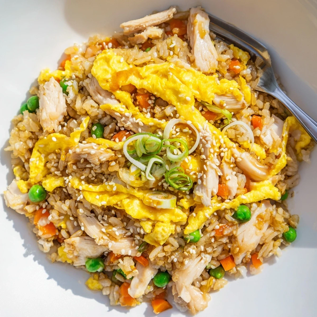 Plated chicken fried rice featuring tender meat peas carrots and rolled egg strips