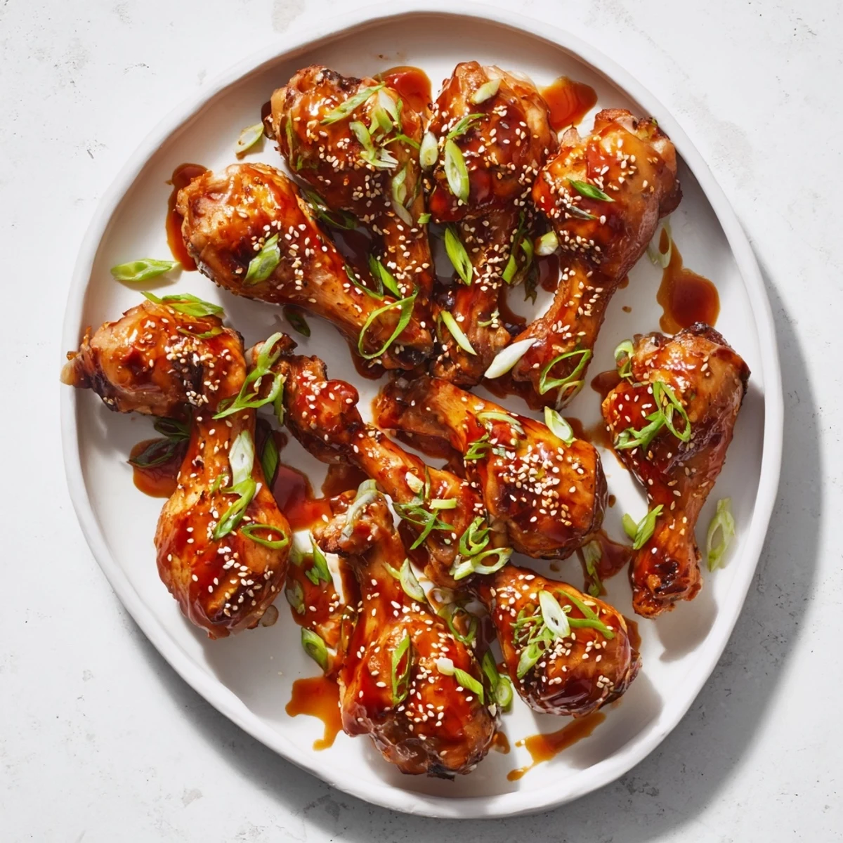 Golden glazed chicken drumsticks brushed with thick savory Asian sauce and topped with sesame seeds