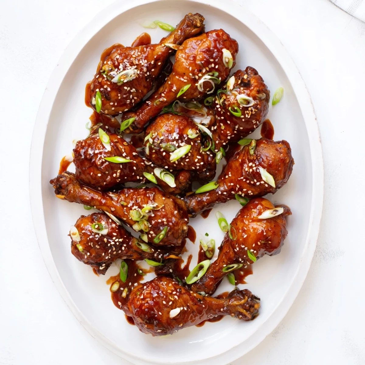Fall-off-the-bone chicken drumsticks coated in sticky hoisin honey glaze finished with sesame seed sprinkle