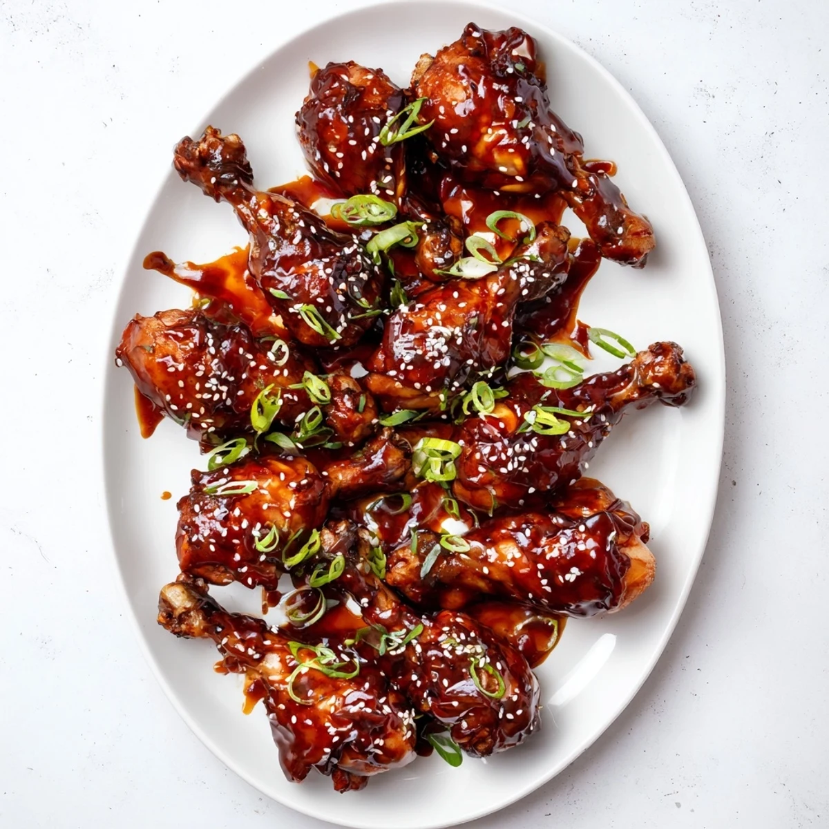 Tender slow cooker Asian glazed chicken drumsticks served over white rice with fresh scallion garnish