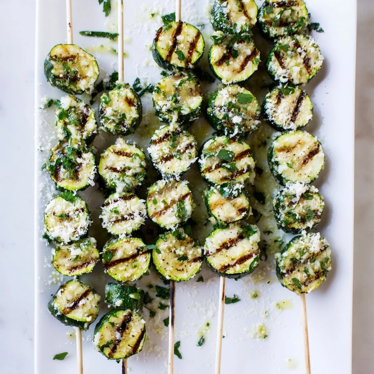 Golden Easy Garlic Butter Zucchini Skewers with charred grill marks and fresh parsley garnish