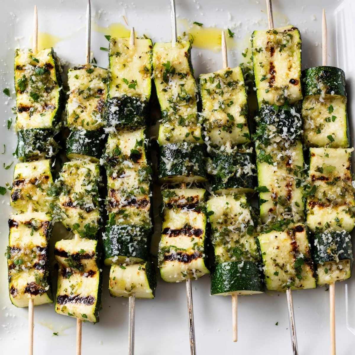 Tender grilled zucchini rounds threaded on skewers basted with melted garlic butter glaze