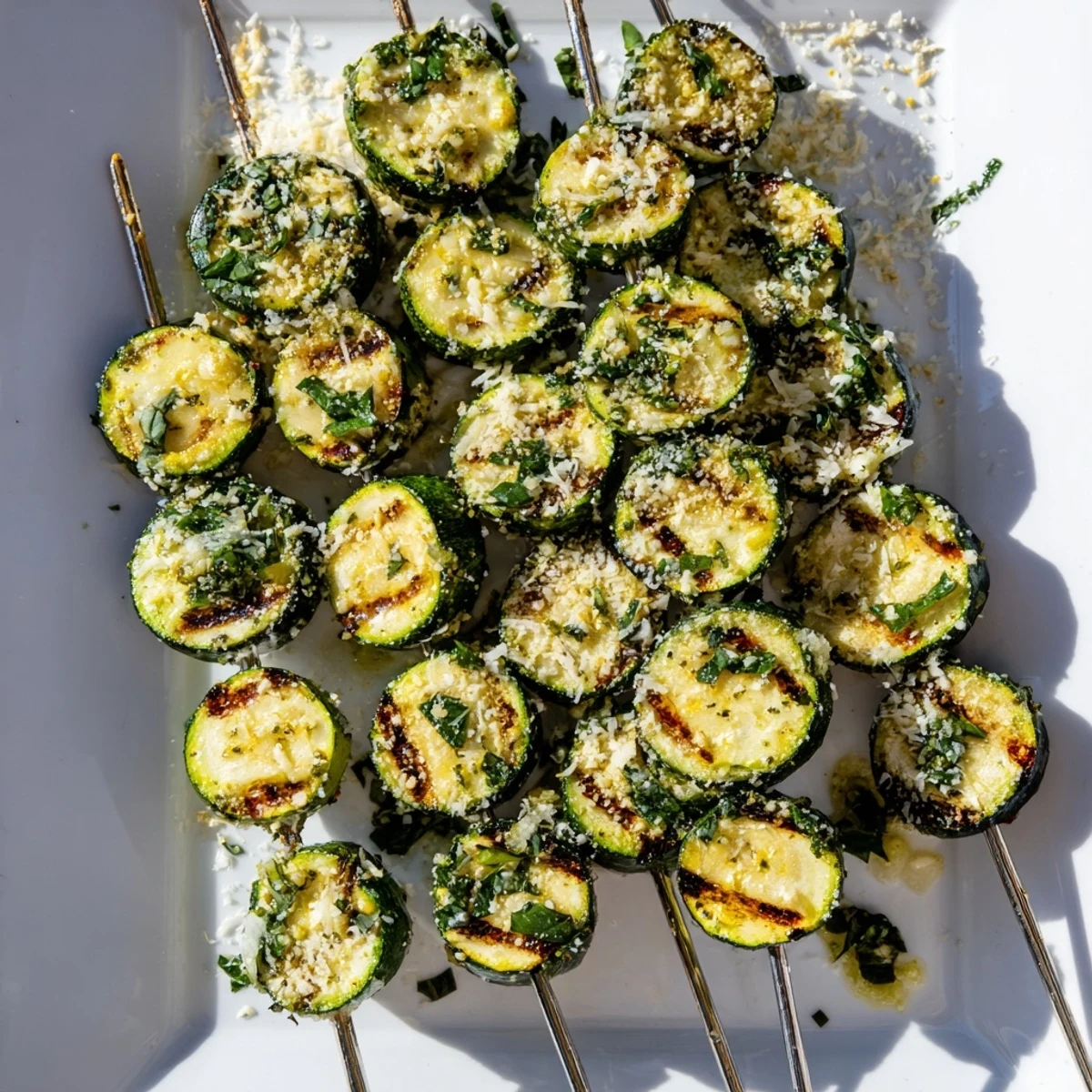 Perfectly charred Easy Garlic Butter Zucchini Skewers served with optional Parmesan cheese sprinkle