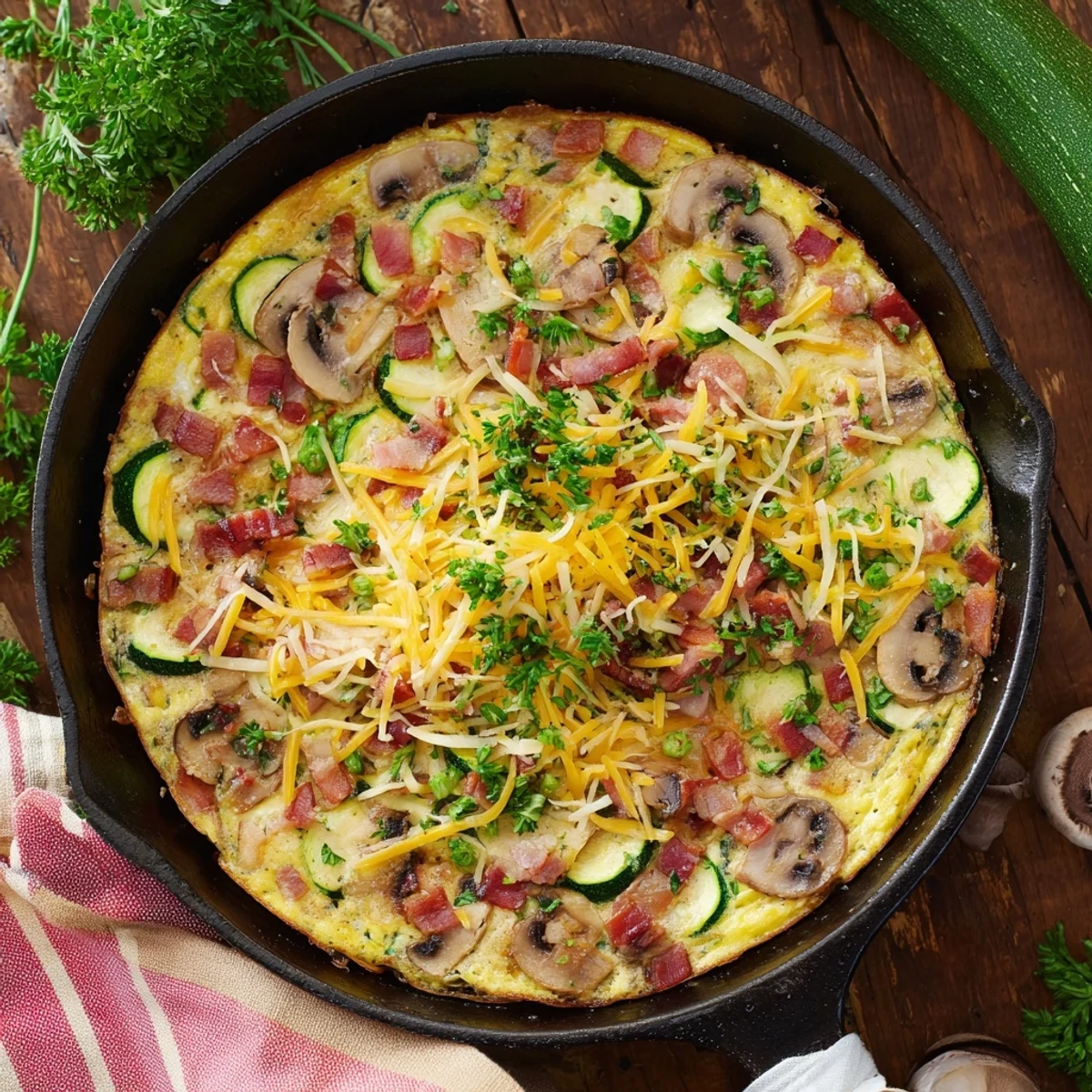 Golden mushroom zucchini and bacon family frittata fresh from the oven with melted cheese topping