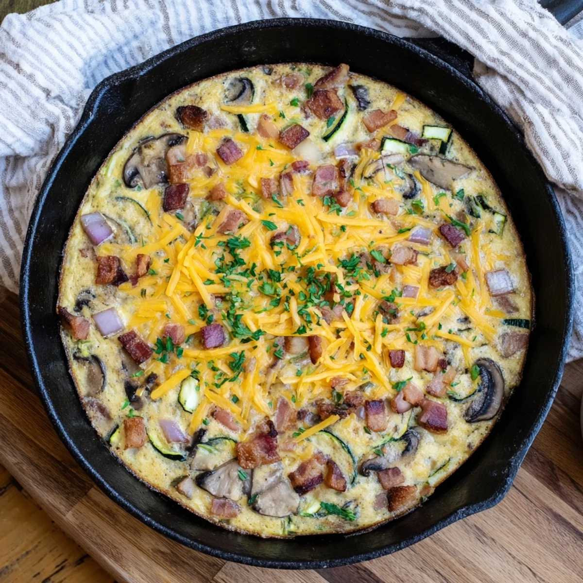 Savory baked frittata packed with smoky bacon tender zucchini slices and earthy brown mushrooms