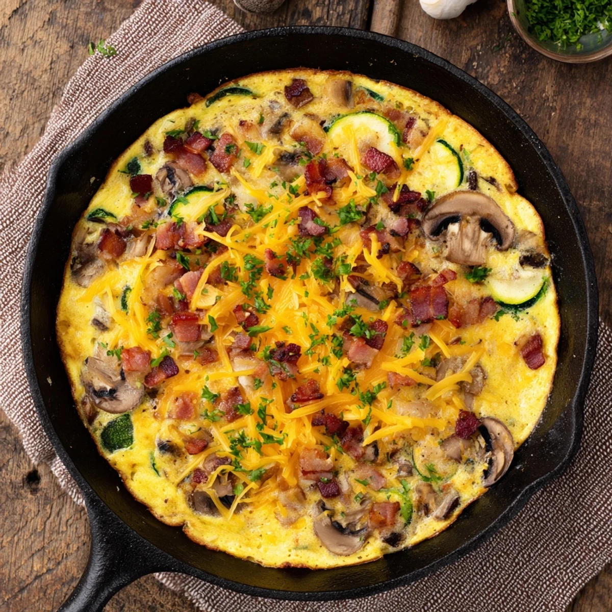Family style frittata with bacon strips zucchini rounds and mushrooms garnished with fresh parsley