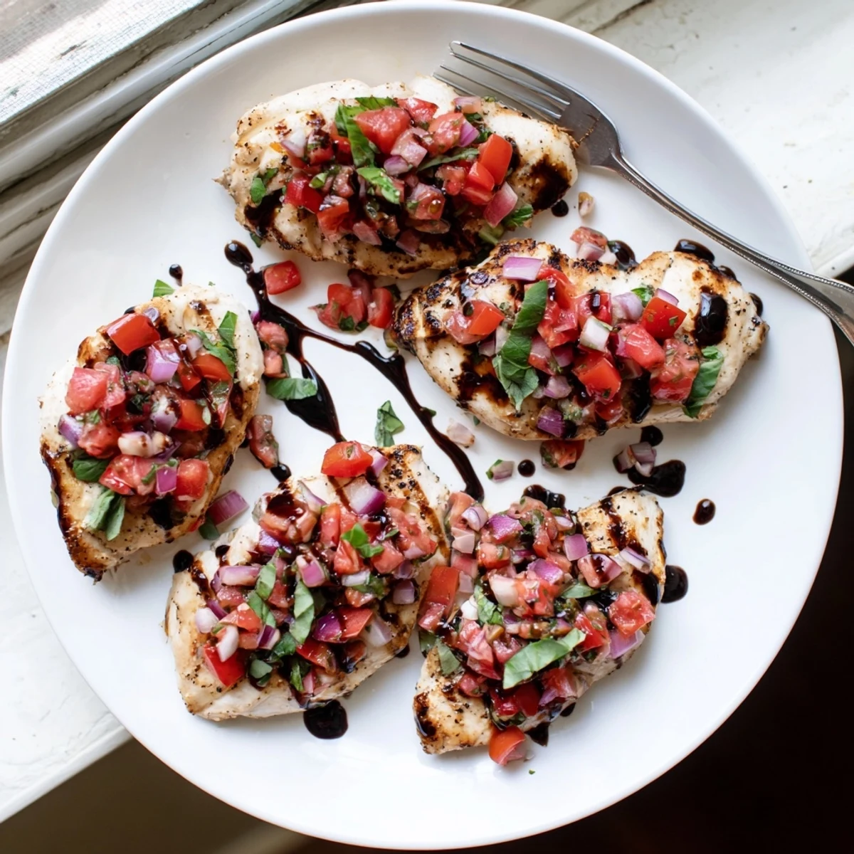 Golden pan-seared Bruschetta Chicken topped with fresh diced tomatoes and basil