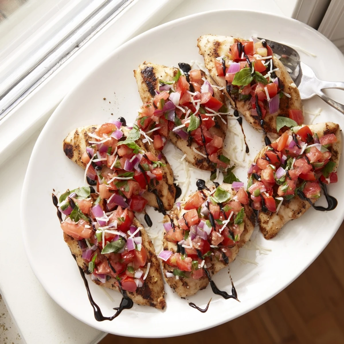 Baked chicken breast loaded with colorful tomato bruschetta and drizzled with balsamic glaze