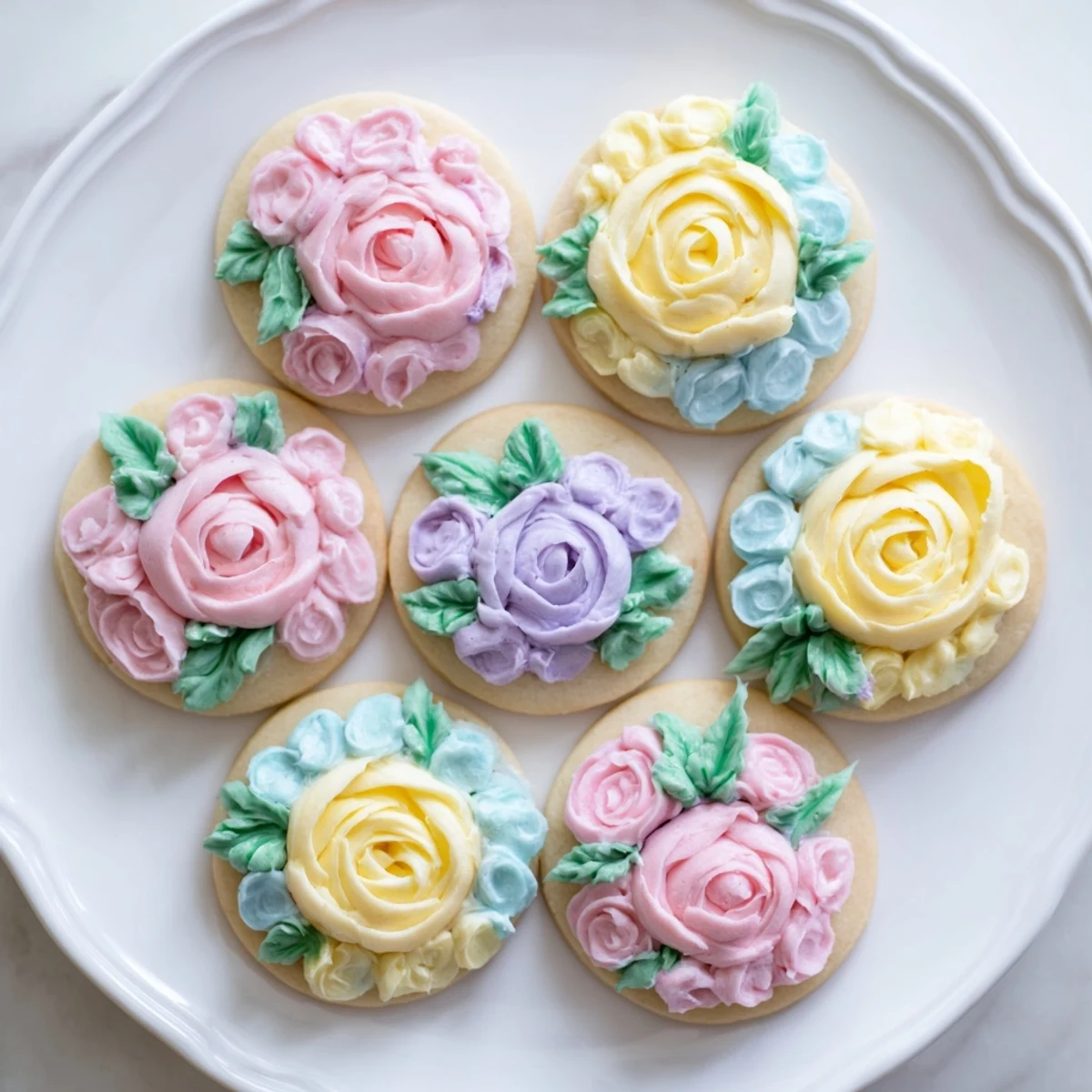 Golden sugar cookies topped with vibrant piped buttercream flowers in pink, yellow, and purple