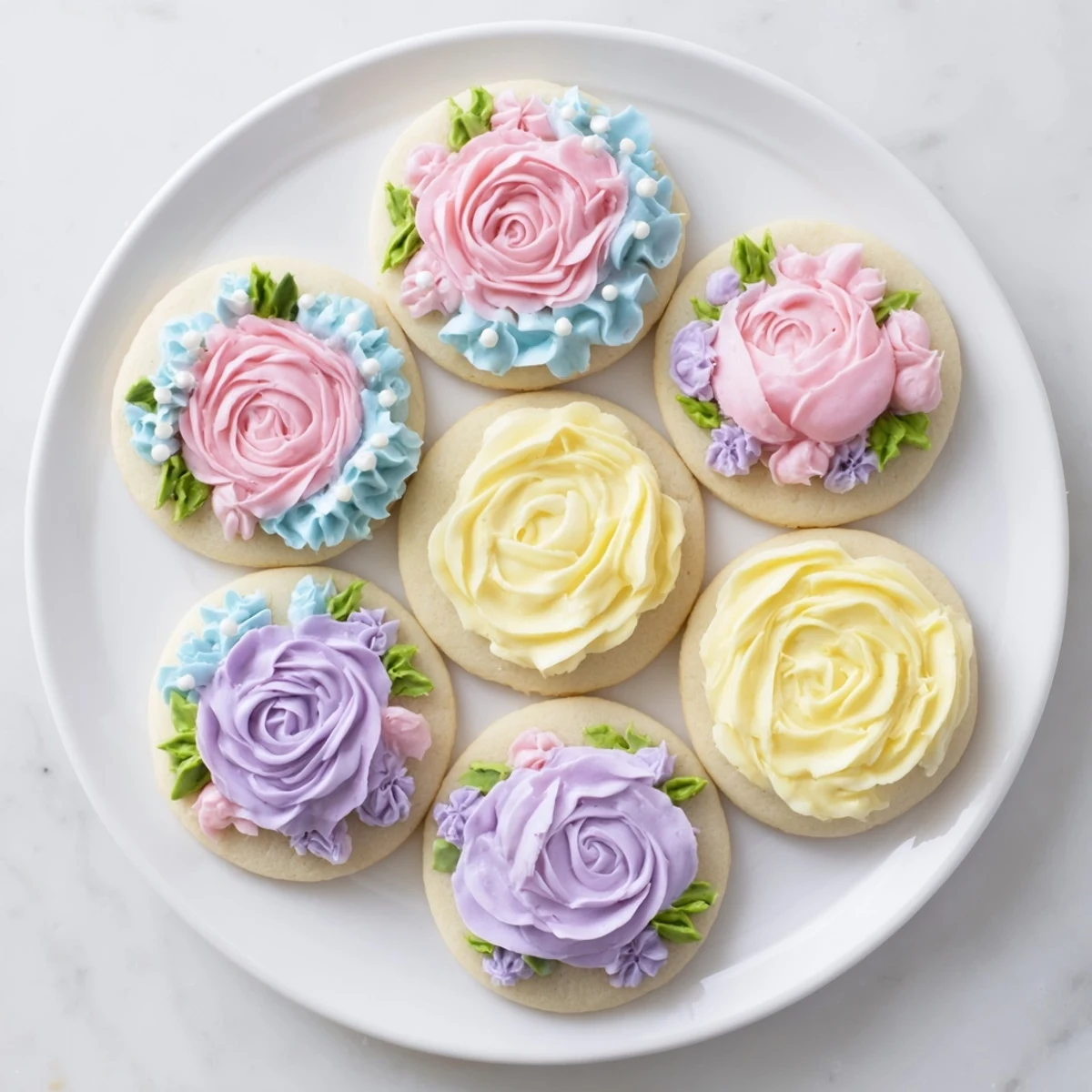 Delicate buttercream flower cookies decorated with colorful rosettes and green leaves on white plate