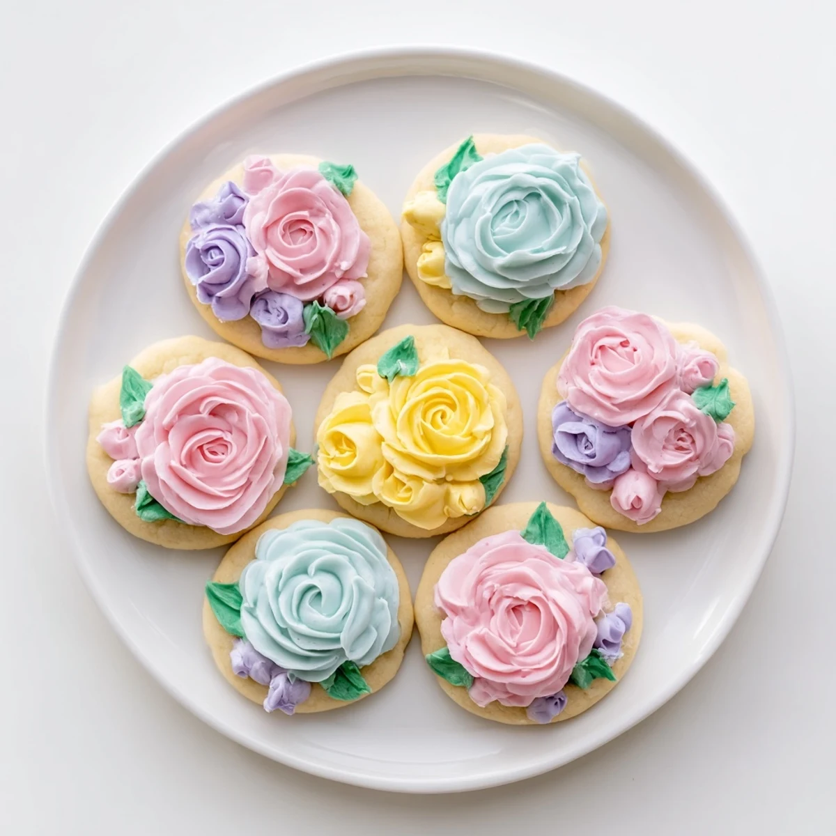 Soft sugar cookies adorned with pastel buttercream blooms arranged elegantly for spring dessert display