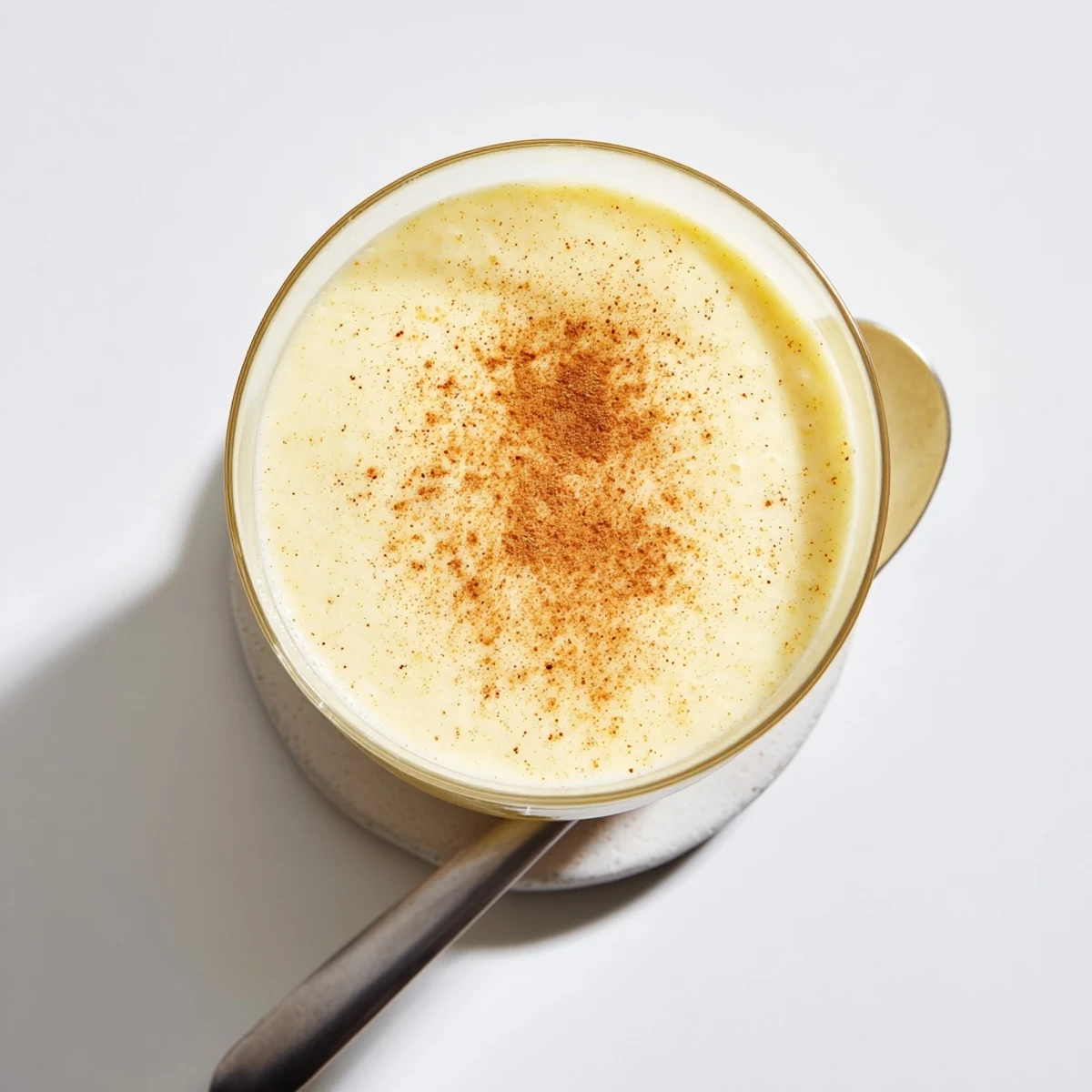 Tall glass of creamy Greek yogurt banana smoothie topped with fresh banana slices and a sprinkle of cinnamon