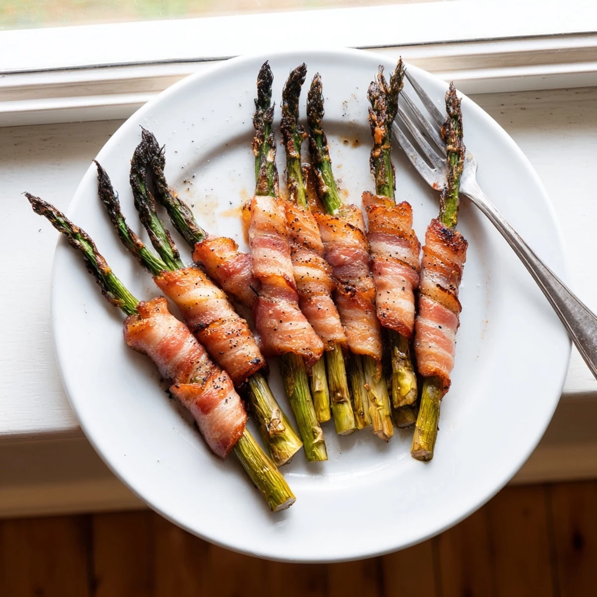 Golden bacon wrapped asparagus bundles roasted until crispy on a white serving platter