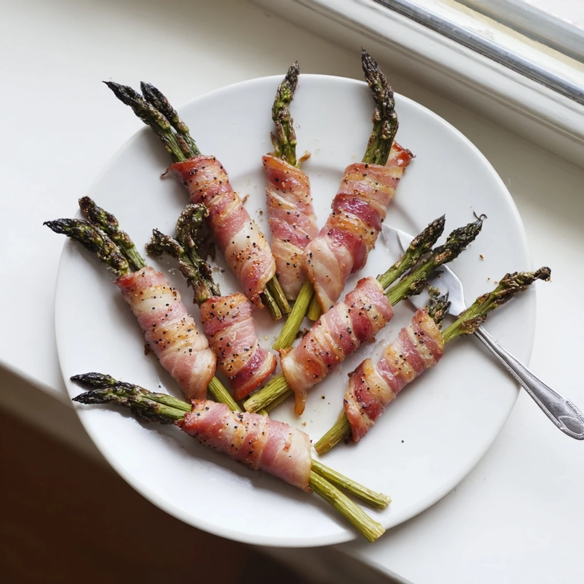 Crispy bacon wrapped asparagus appetizer arranged on baking sheet, ready for serving