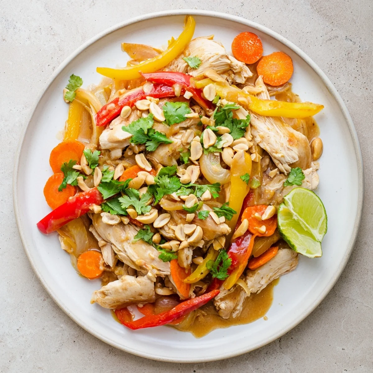 Golden brown slow cooker peanut chicken pieces coated in rich creamy peanut sauce with vibrant bell peppers and onions