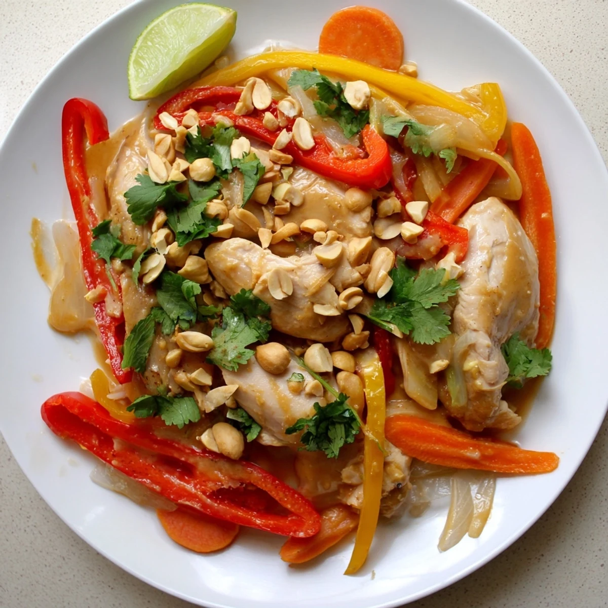 Creamy slow cooker peanut chicken dish garnished with chopped roasted peanuts fresh cilantro and lime wedges on a white plate
