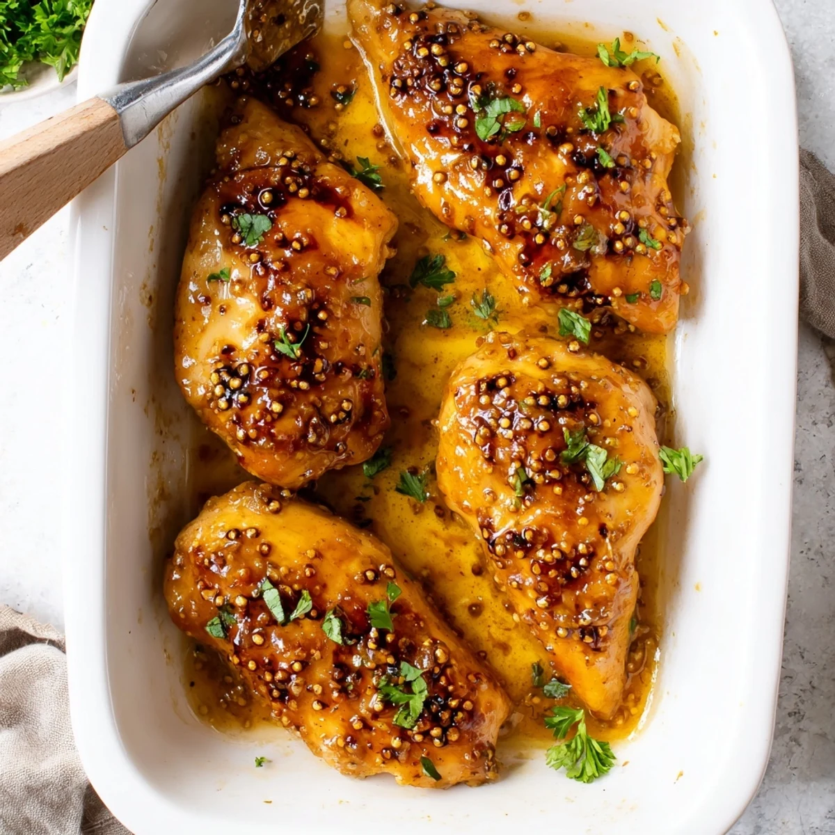 Golden oven baked honey mustard chicken breasts glazed in bubbling sweet tangy caramelized sauce