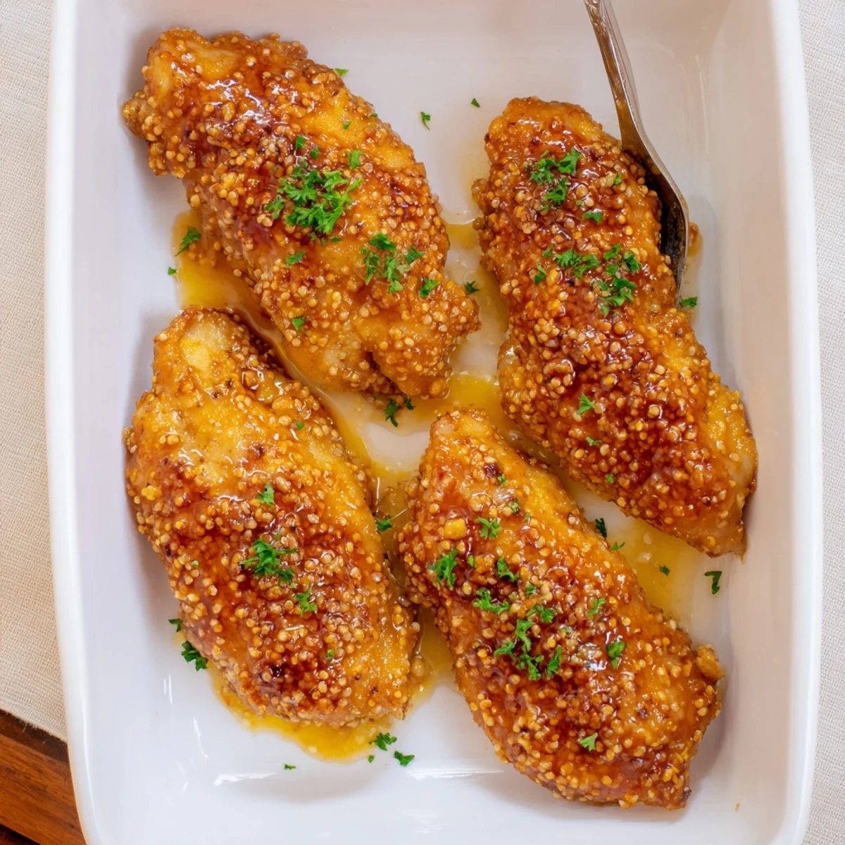 Juicy honey mustard chicken baked to perfection with glossy honey mustard coating and fresh parsley garnish