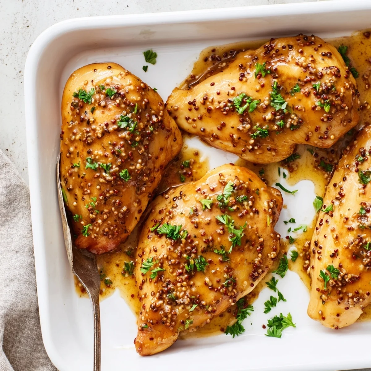 Baked chicken breasts resting in honey mustard sauce with golden caramelized edges ready for weeknight dinner