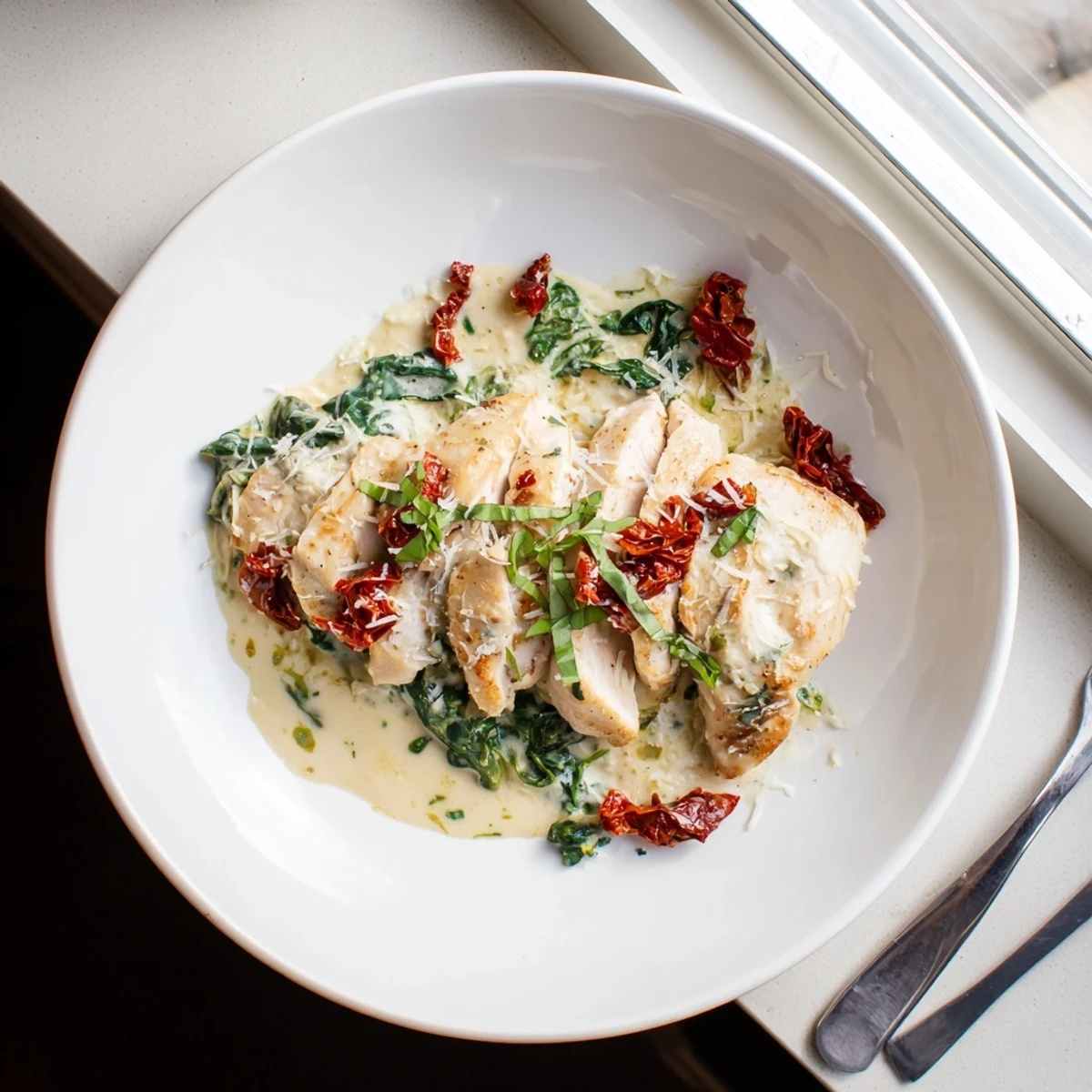 Savory chicken simmered in rich white garlic sauce dotted with vibrant red sun-dried tomatoes and green spinach