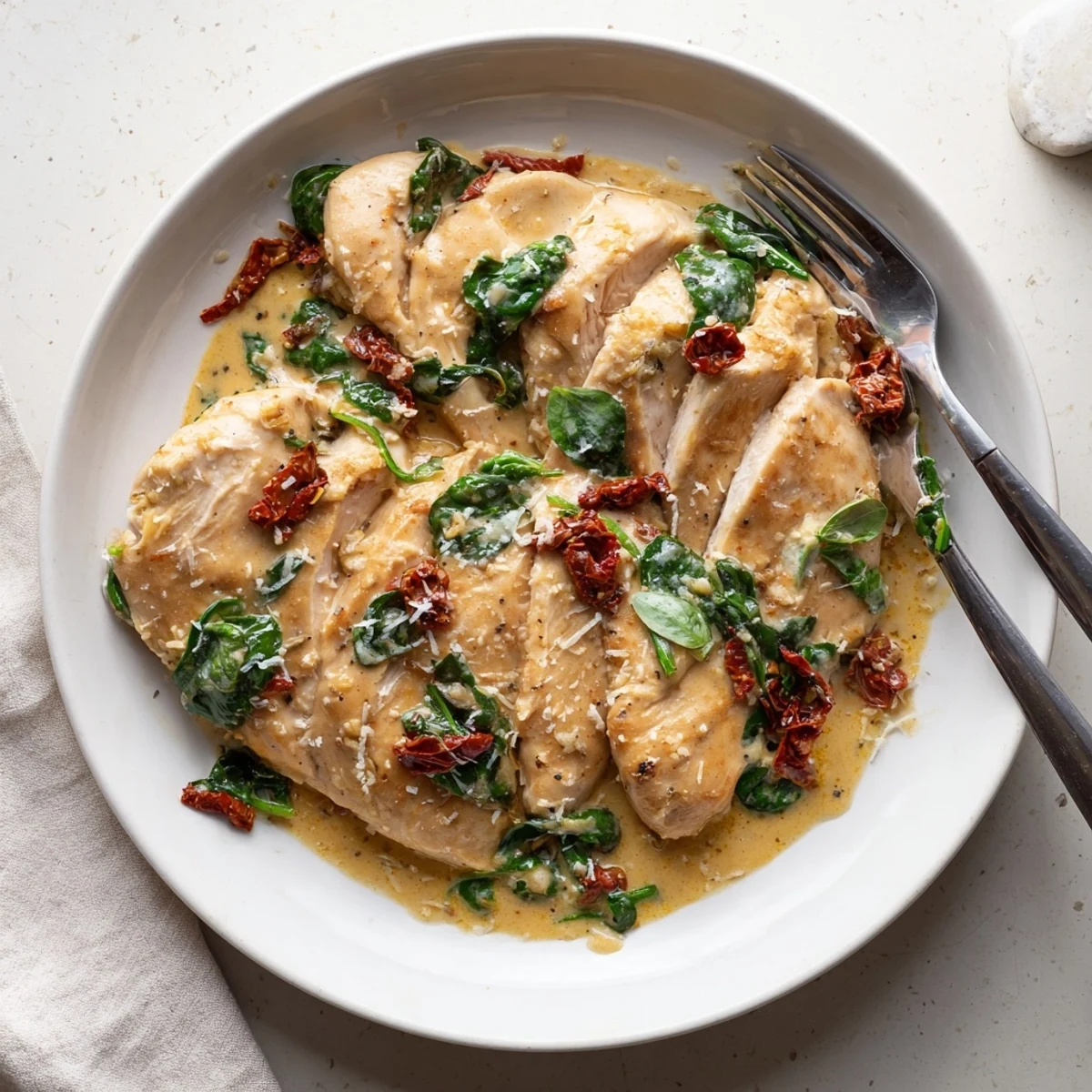 Low carb creamy Tuscan chicken plated with wilted spinach and parmesan garnish on a white dinner plate