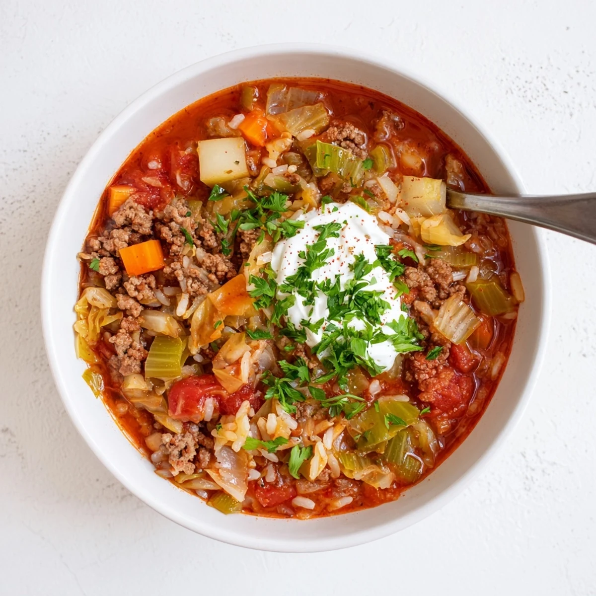 Savory unstuffed cabbage roll soup filled with ground beef, cabbage, and rice, garnished with fresh parsley and sour cream