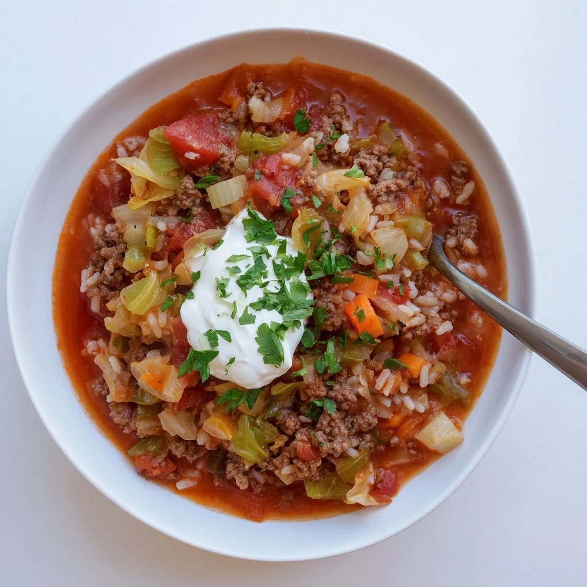 Hearty unstuffed cabbage roll soup bubbling in a pot with tender beef, rice, and vegetables in rich tomato broth