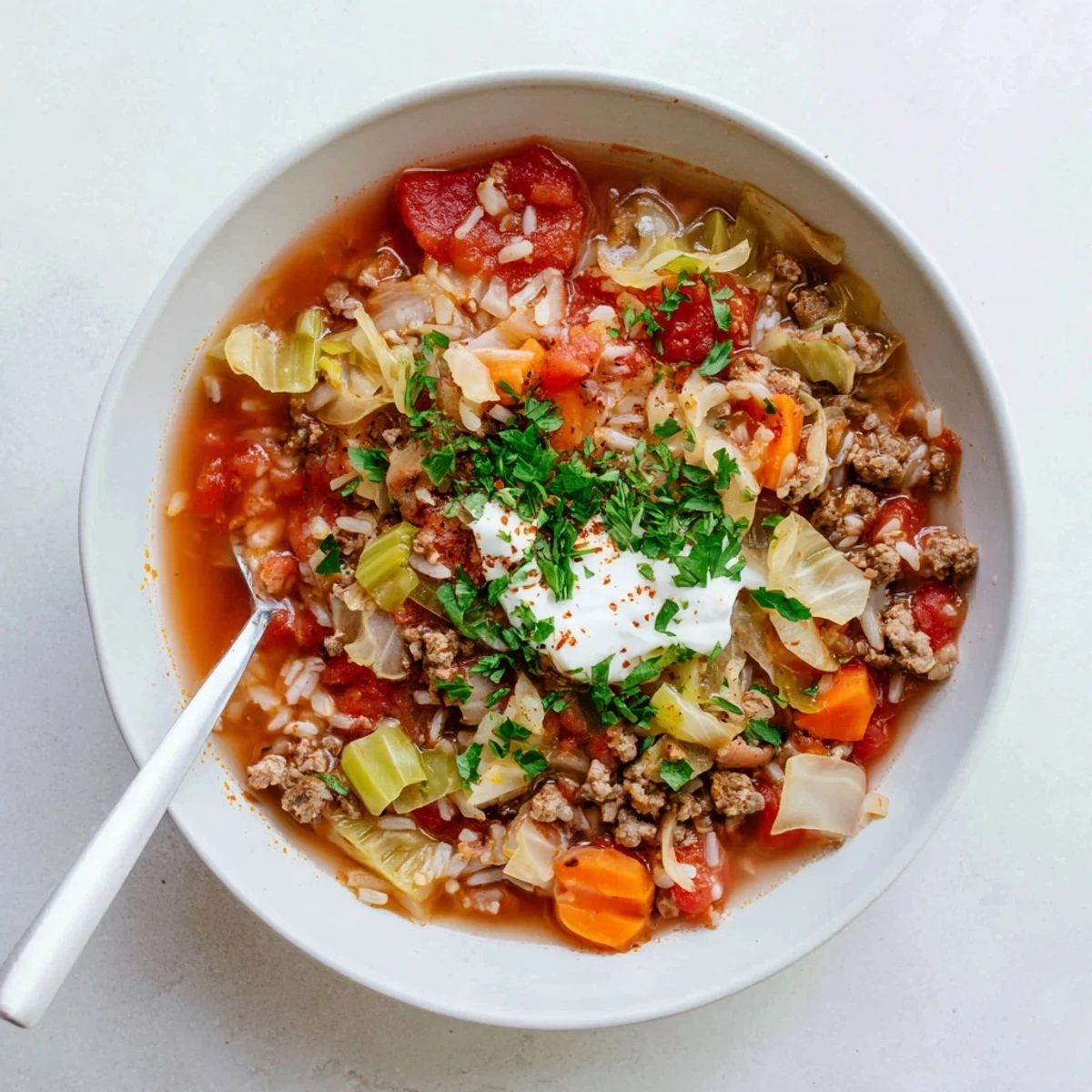 Comforting unstuffed cabbage roll soup bowl featuring chunks of beef, carrots, celery, and cabbage in a savory tomato-based broth