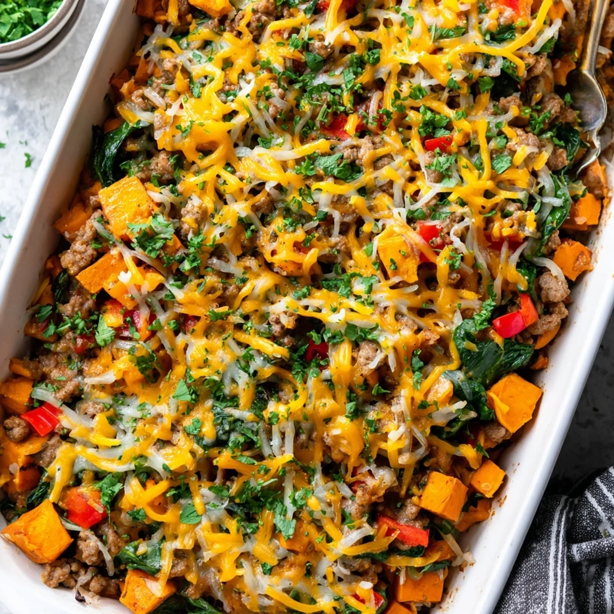Hearty casserole featuring seasoned ground turkey layered with tender sweet potato cubes and colorful vegetables
