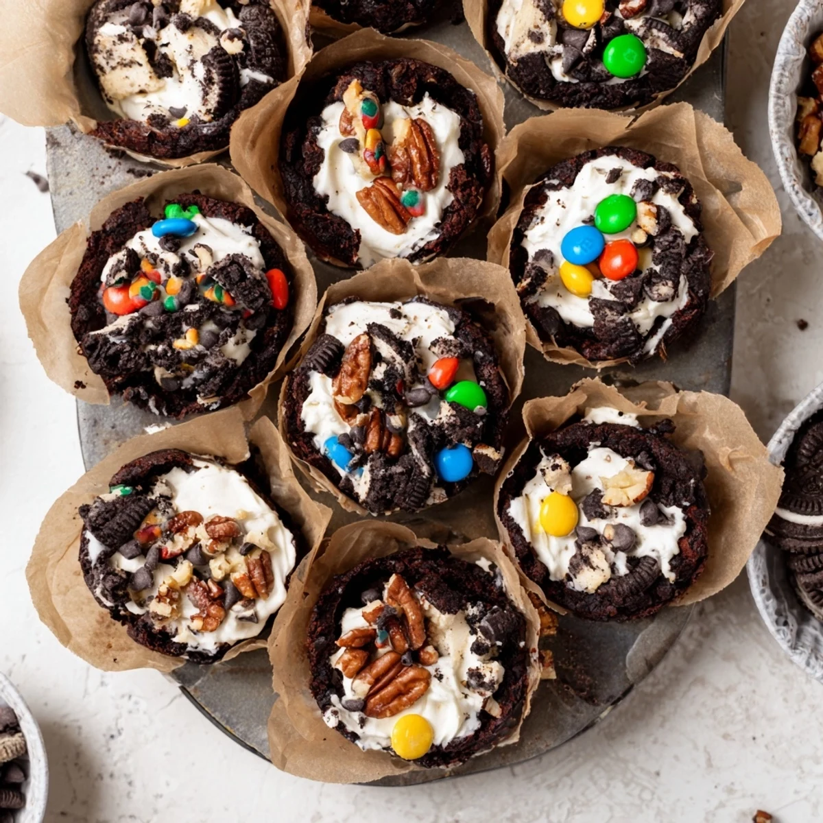 Decadent loaded brownie cheesecake cups with creamy filling and crushed cookie toppings