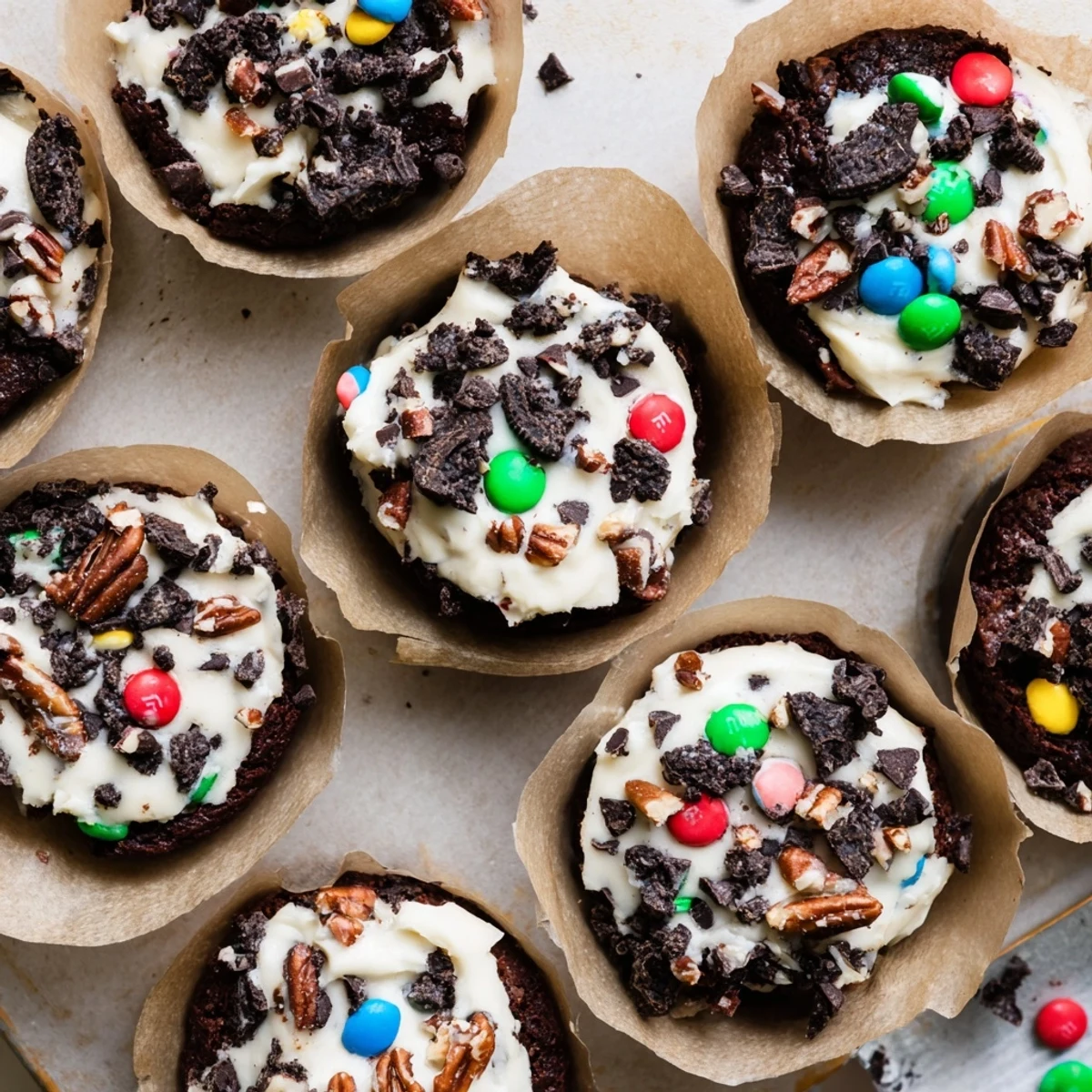 Rich fudgy loaded brownie cheesecake cups topped with colorful candy and chocolate chips