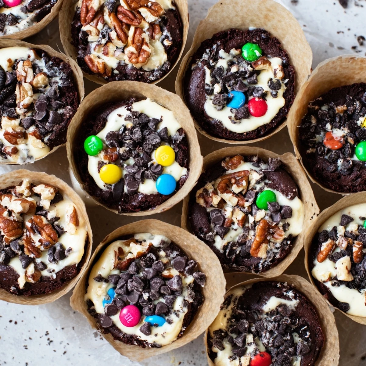 Individual loaded brownie cheesecake cups swirling cheesecake and chocolate with crunchy nuts