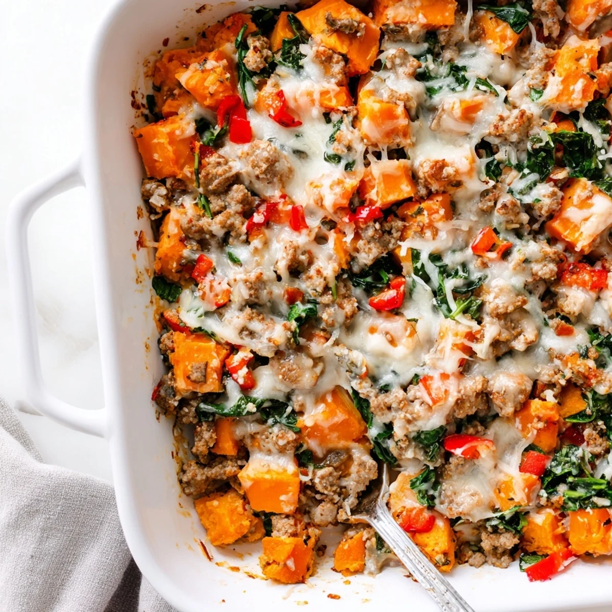 Savory ground turkey sweet potato bake casserole served with colorful vegetables and cheesy crust