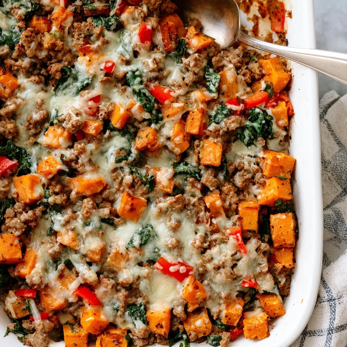 Hearty gluten-free ground turkey sweet potato bake casserole fresh from the oven