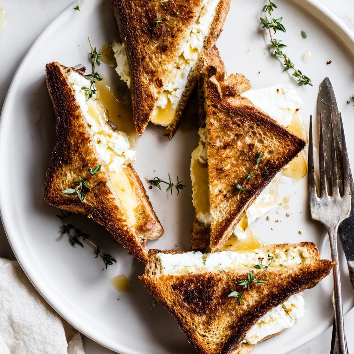 Golden brown goat cheese and honey grilled cheese sandwich on rustic bread with melted center