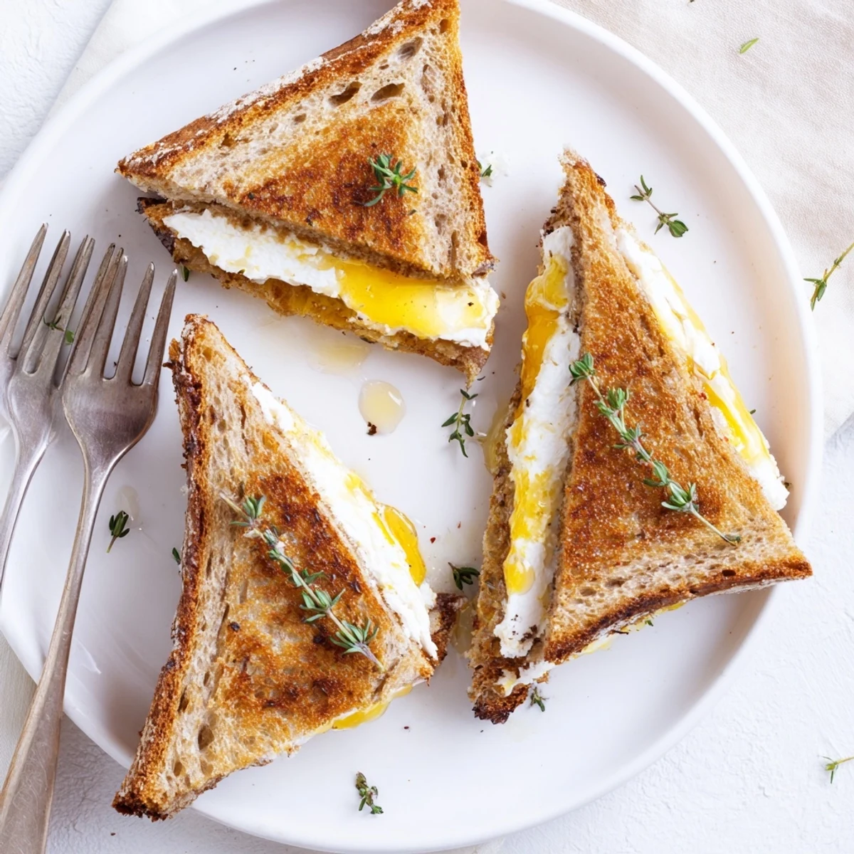 Creamy goat cheese and honey grilled cheese sliced diagonally on white plate