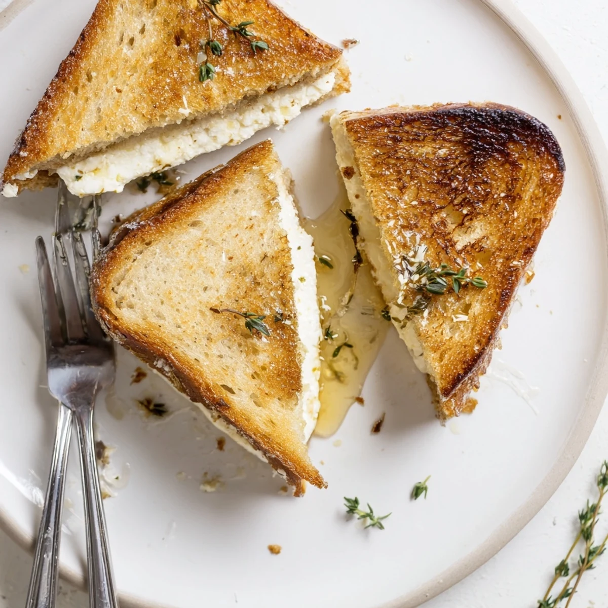 Gourmet goat cheese and honey grilled cheese with crispy buttered crust and oozing filling