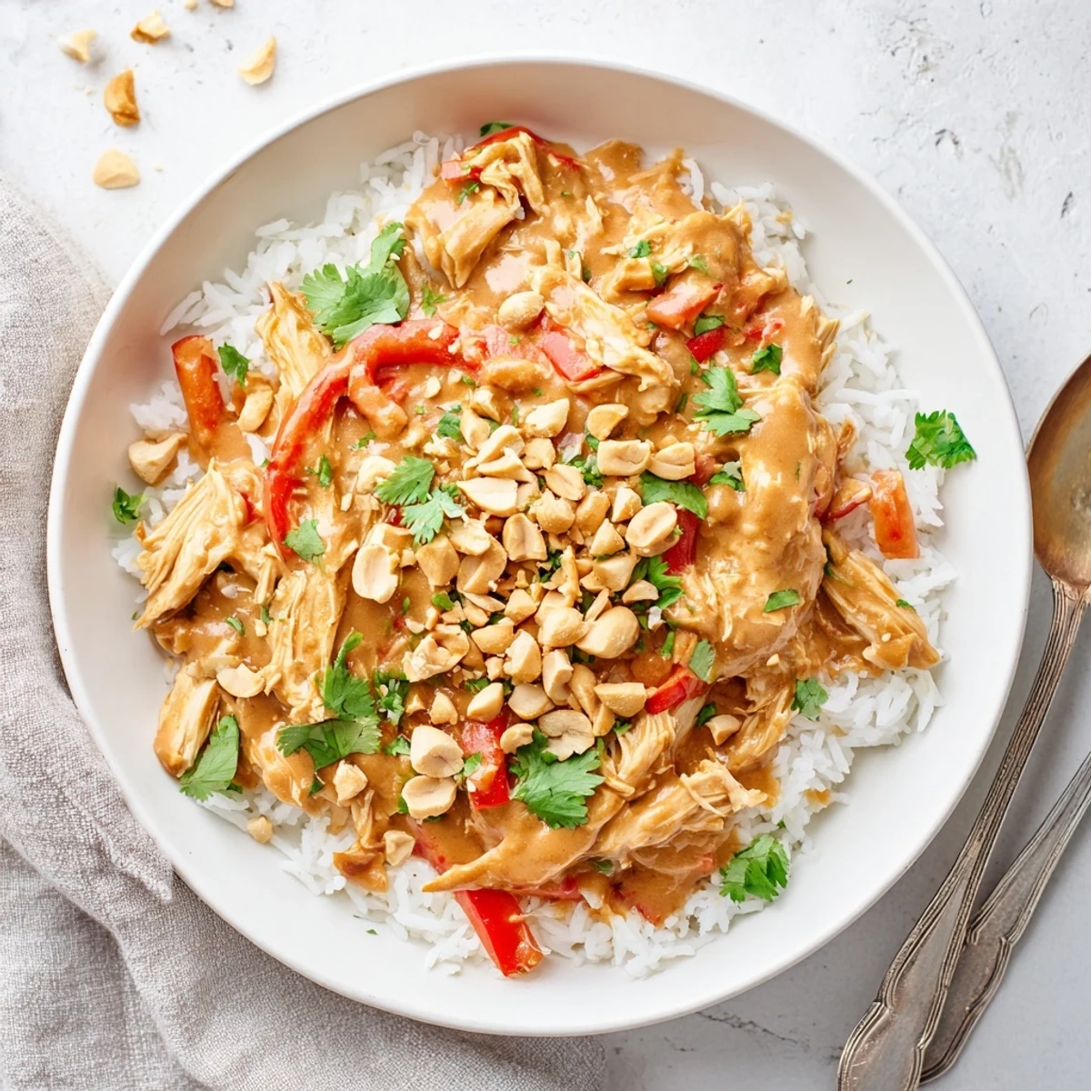 Tender shredded chicken thighs coated in rich peanut butter sauce with vibrant red pepper slices