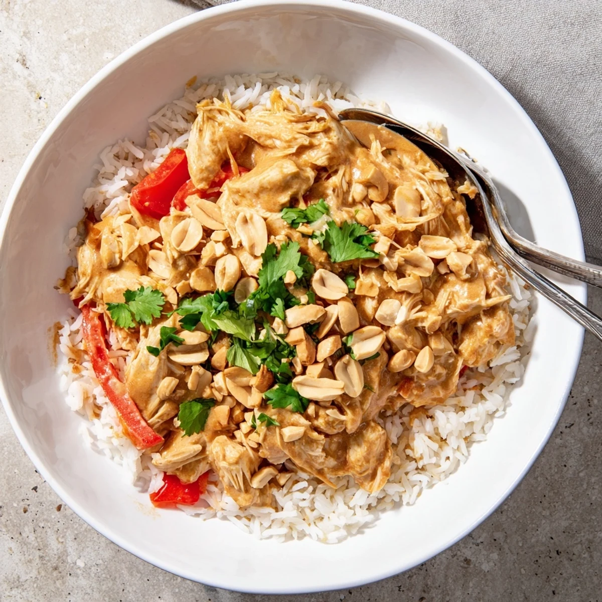 Golden slow cooker peanut chicken with creamy sauce served over fluffy white jasmine rice
