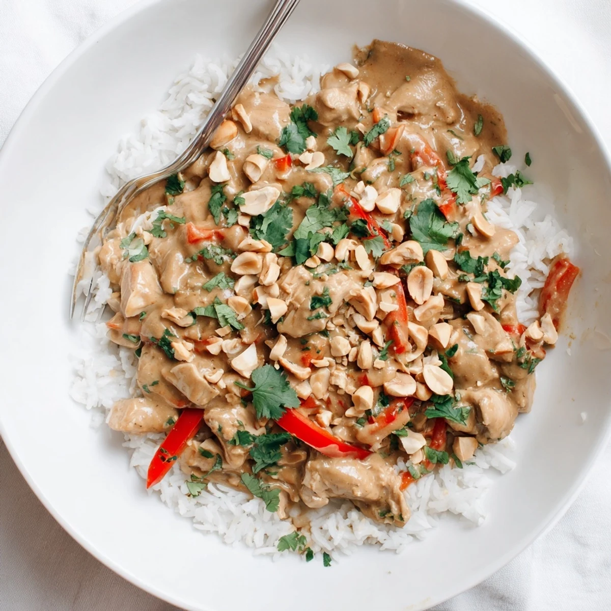Asian-inspired slow cooker peanut chicken garnished with crushed roasted peanuts and fresh green cilantro