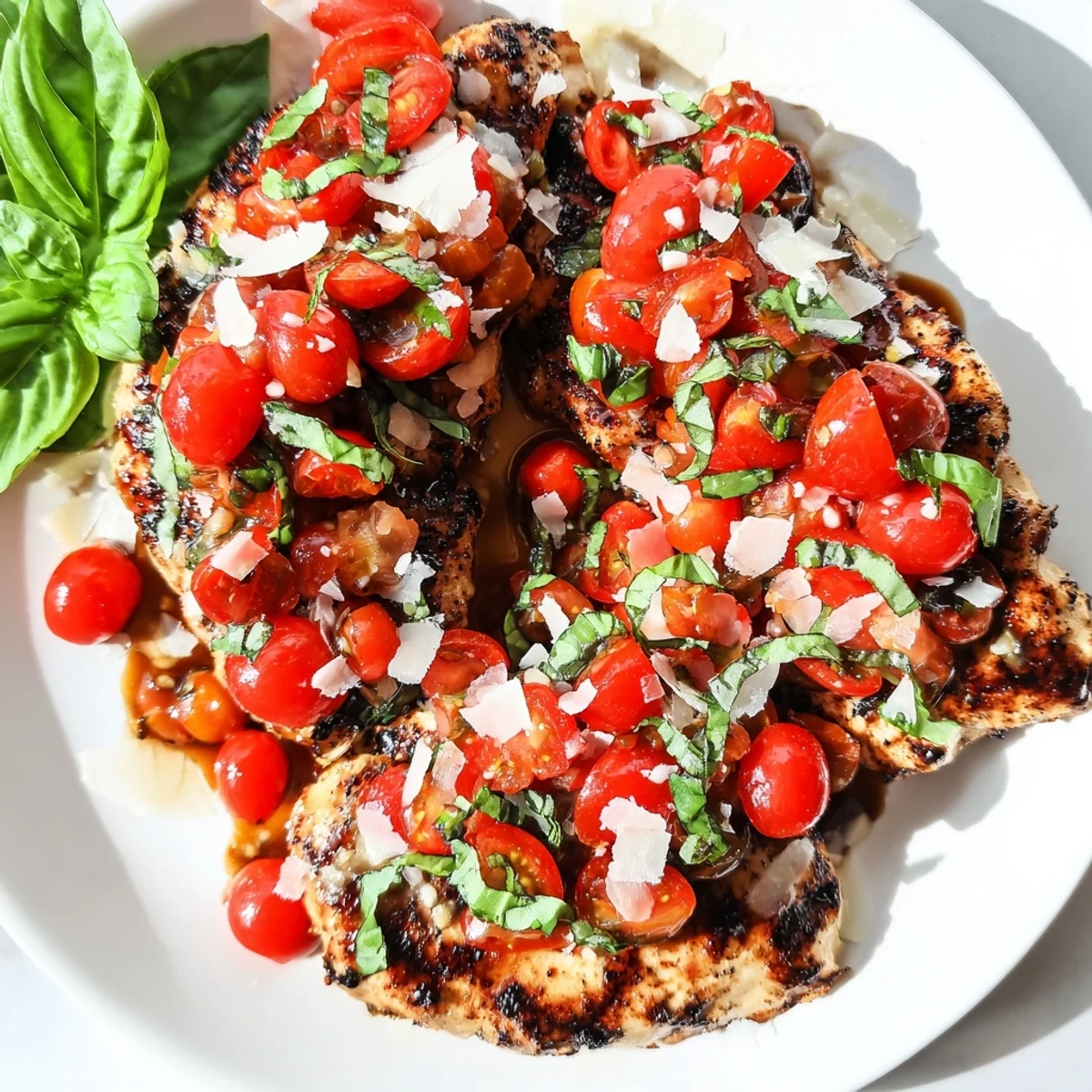 Juicy grilled bruschetta chicken topped with fresh diced tomatoes and fragrant basil