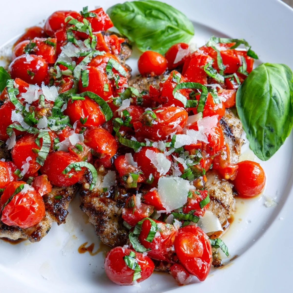 Golden chicken breast piled high with colorful tomato bruschetta and shredded Parmesan