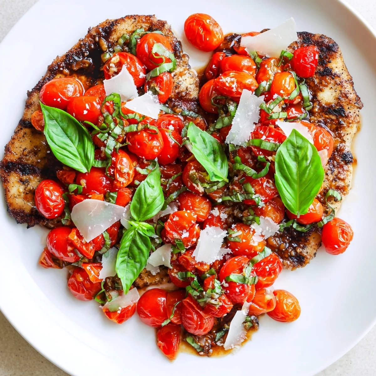 Tender Italian-style bruschetta chicken finished with vibrant cherry tomatoes and balsamic glaze