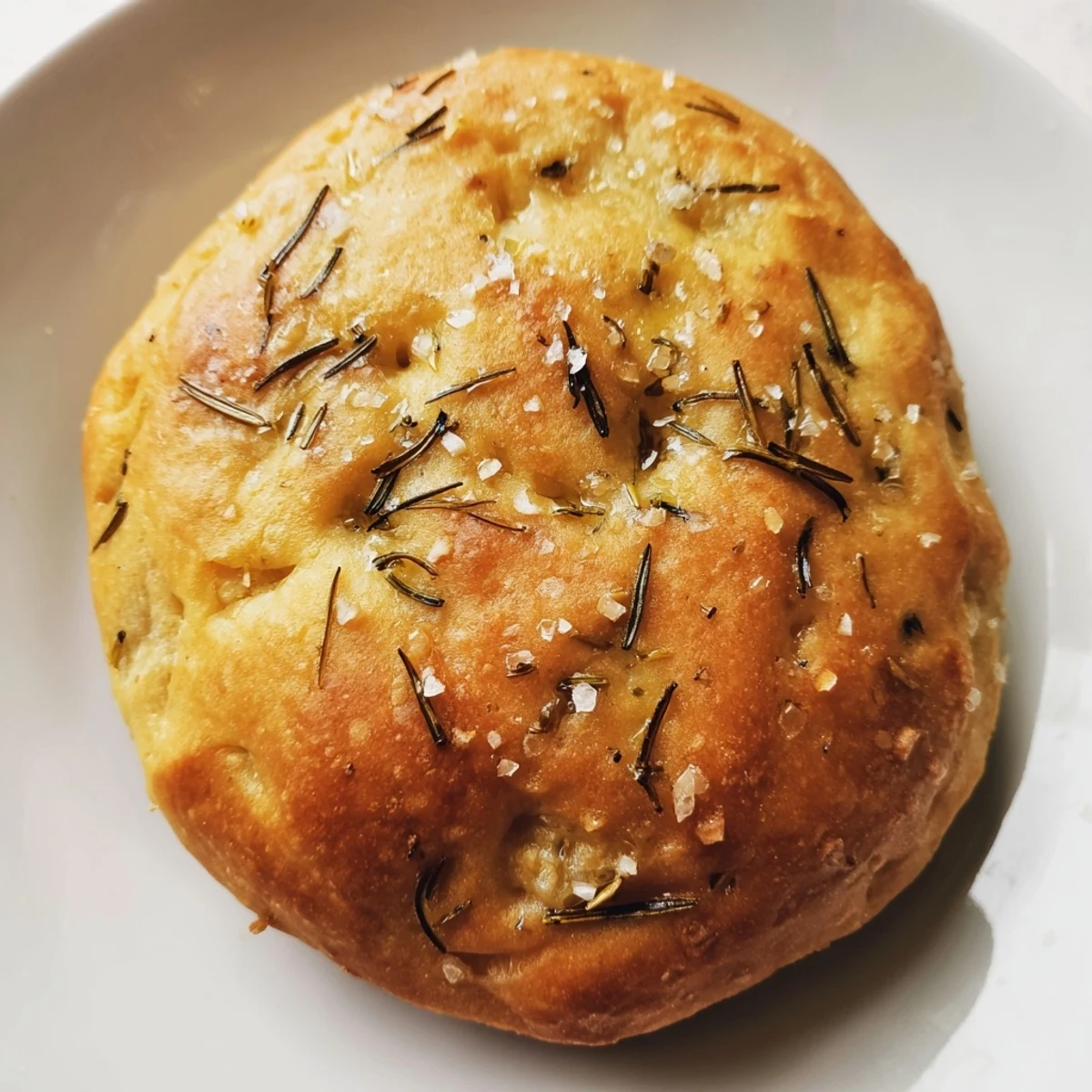 Golden brown garlic rosemary focaccia muffins fresh from the oven, sprinkled with flaky sea salt