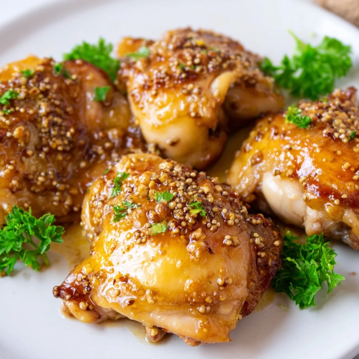 Golden baked honey mustard chicken thighs glazed with tangy sauce and fresh parsley garnish